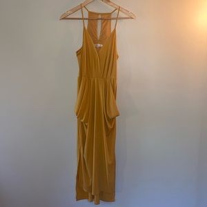 BCBG Mustard Yellow Spaghetti Strap Plunge Wrap Drape Tulip Midi Dress